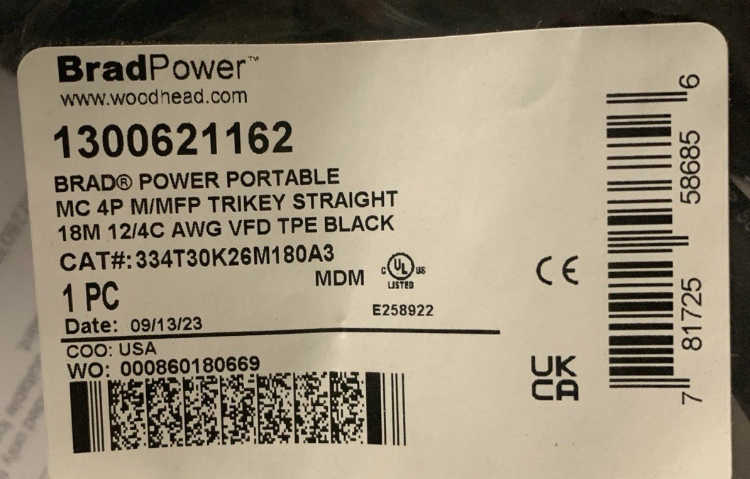 BRAD POWER 334T30K26M180A3 CABLE/CORDSET 1300621162 18 METER *NEW**