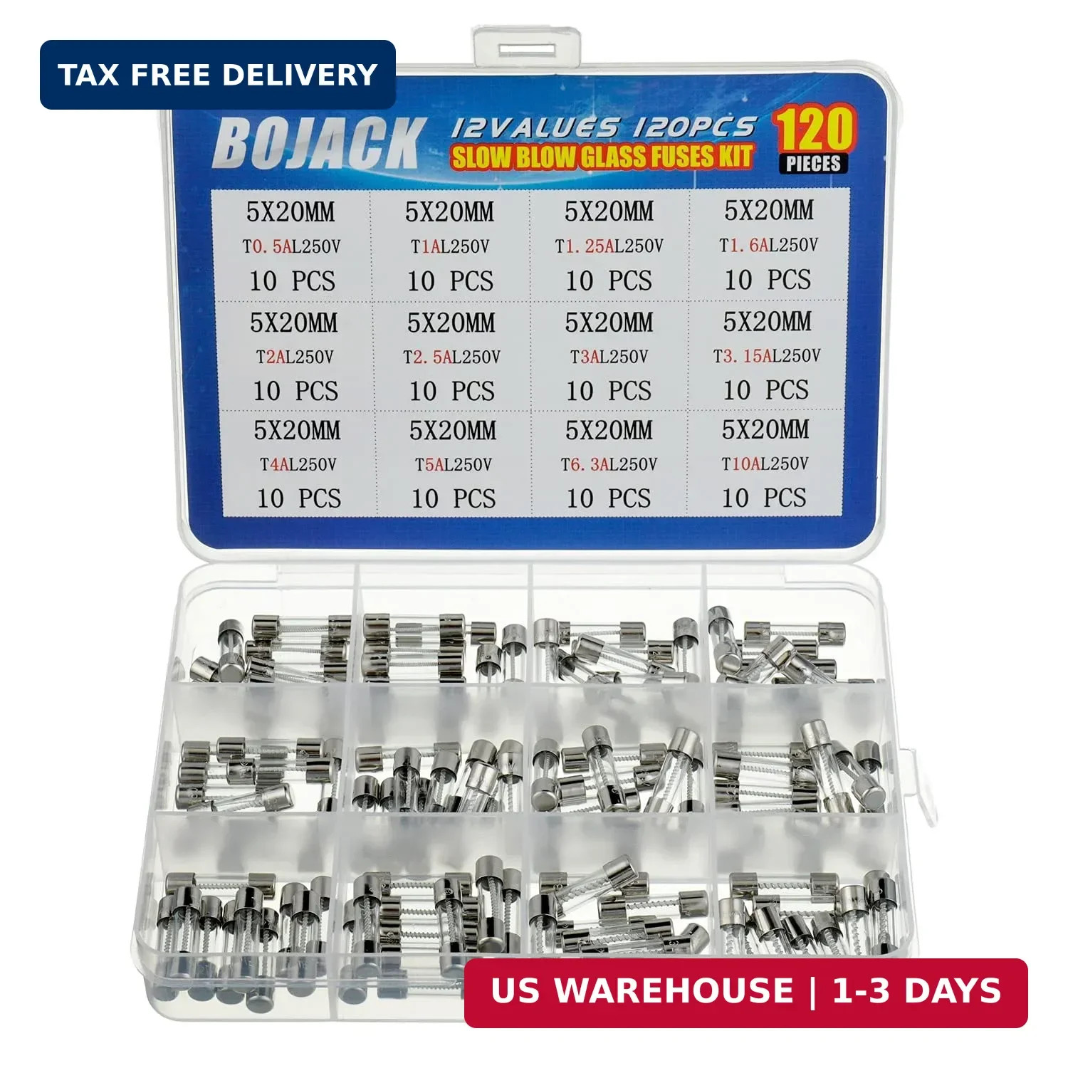 BOJACK 12 Values 120 pcs Slow Blow Glass Fuses Assortment Kit 5x20mm 250V T0.5A