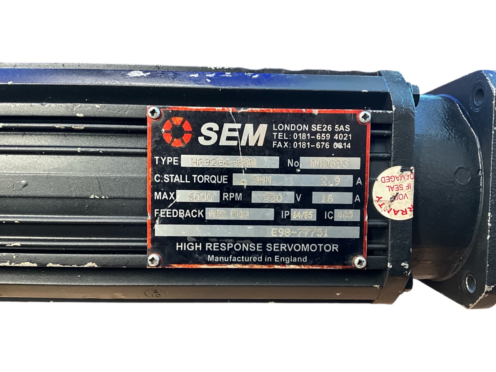 SEM HR92G4-88S High Response AC Servo Motor 6000 RPM 3Nm Resolver Feedback 530V