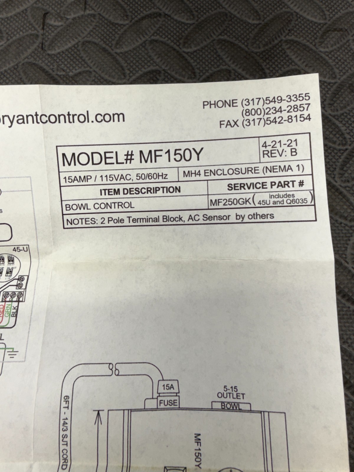 Bryant Control MF150Y 15Amp 115VAC Vibrator Feeder Bowl Control Unit