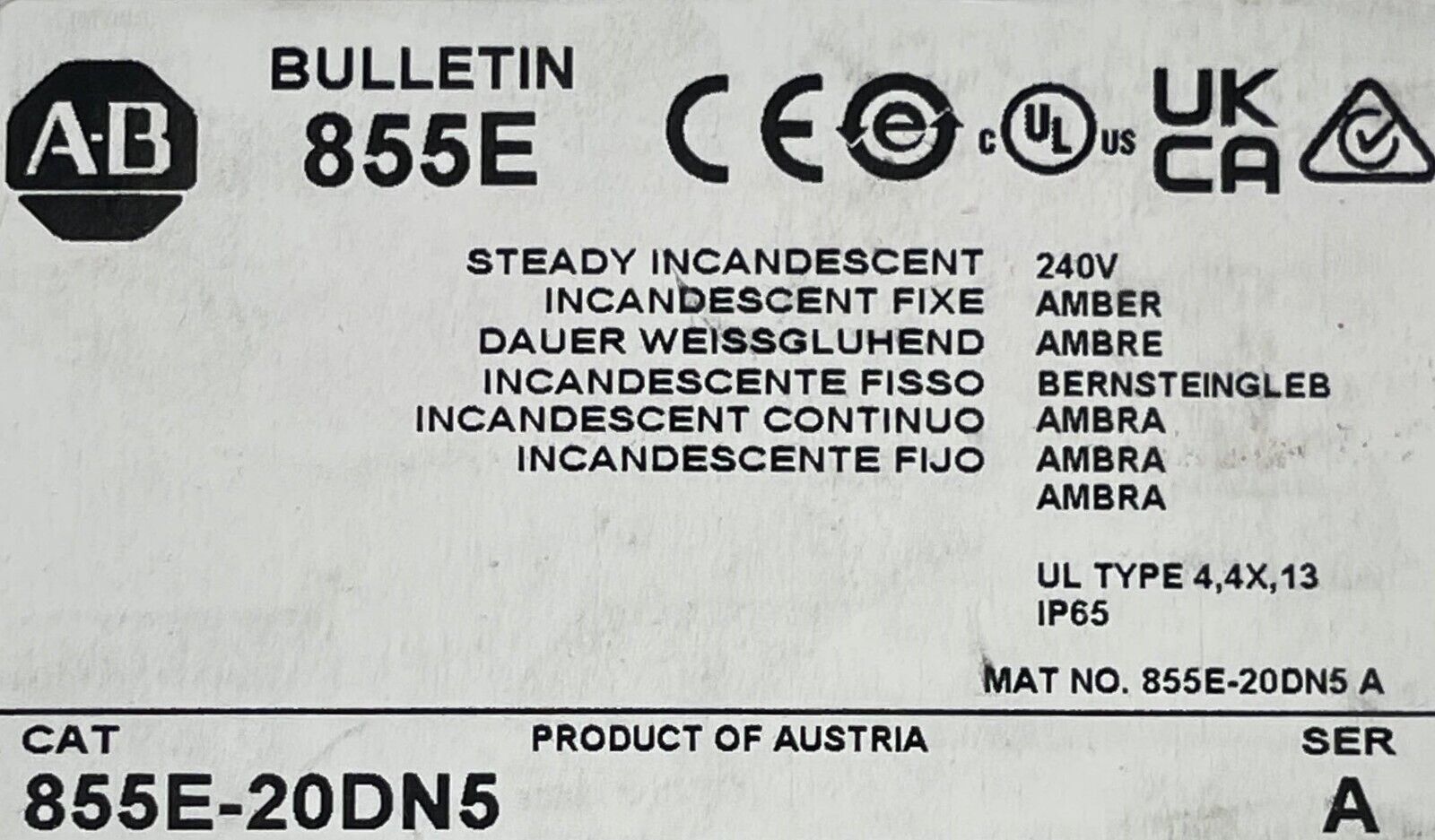 New! Allen Bradley 855E-20DN5 Amber Steady Incandescent 240V SER A