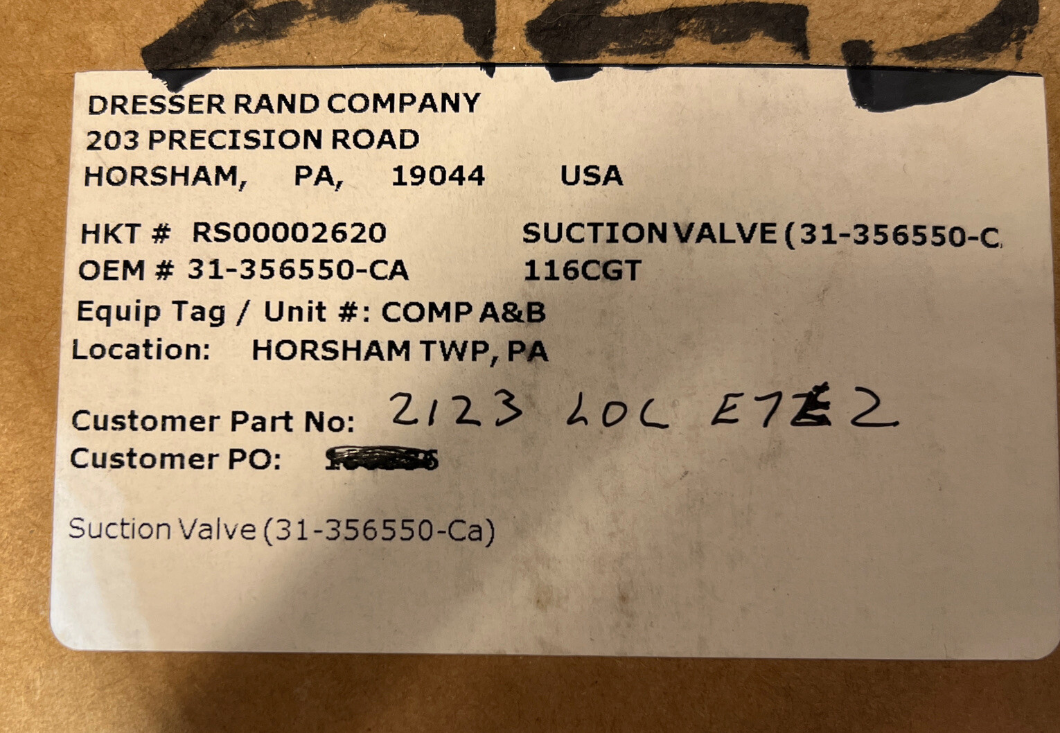 NOS Surplus 31-356550-Ca Dresser RAND/ Hoerbiger Suction VALVE