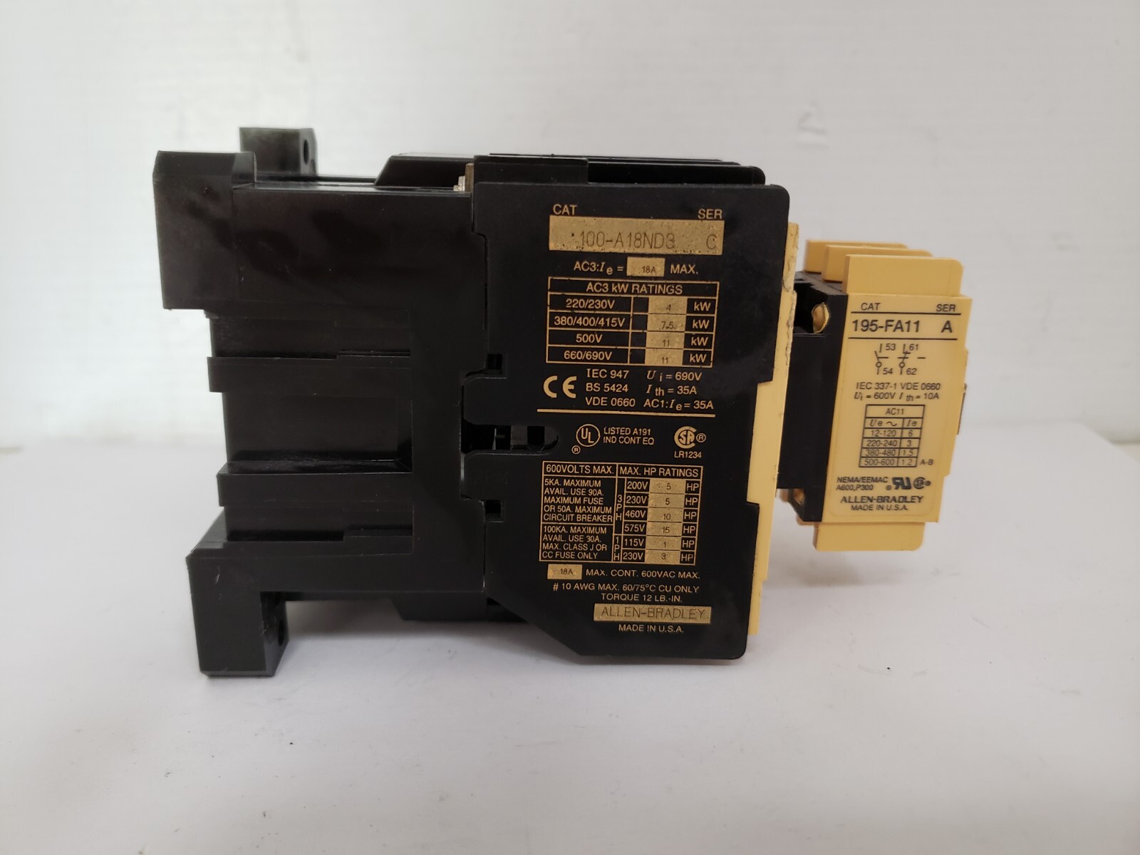 ALLEN BRADLEY 100-A18ND8 CONTACTOR SER C W/195-FA11 CONTACT BLOCK SER A