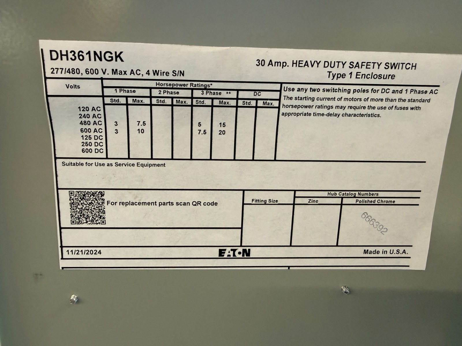 Eaton DH361NGK 30A 600V Series-A Heavy Duty Disconnect Safety Switch