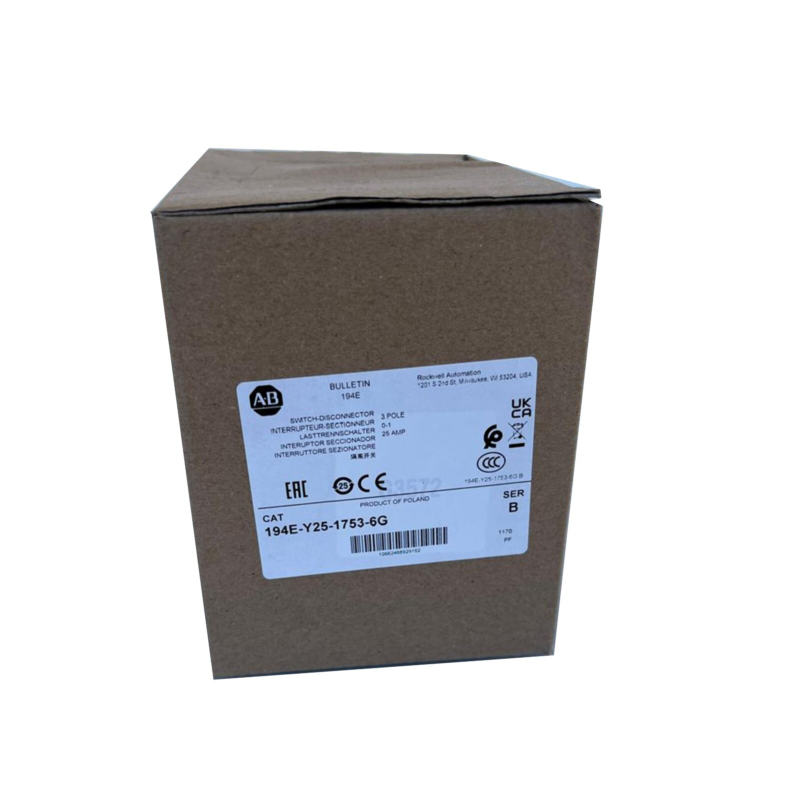 Allen Bradley – 194E-Y25-1753-6G – 25A – 3P Sealed IEC Load Switch New In Box