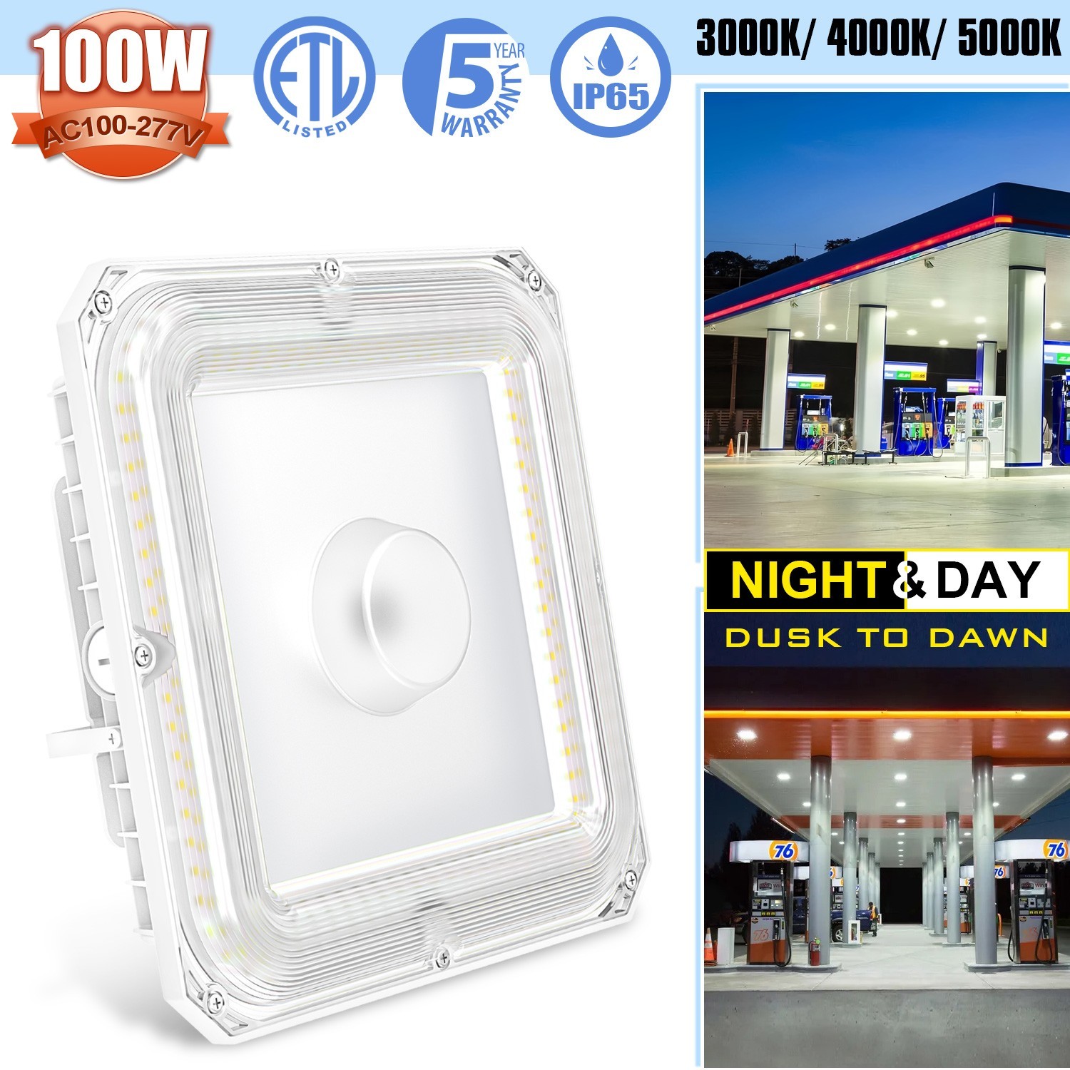 100W LED Canopy Light Outdoor Parking Gas Station Lighting 13,500LM Dusk To Dawn